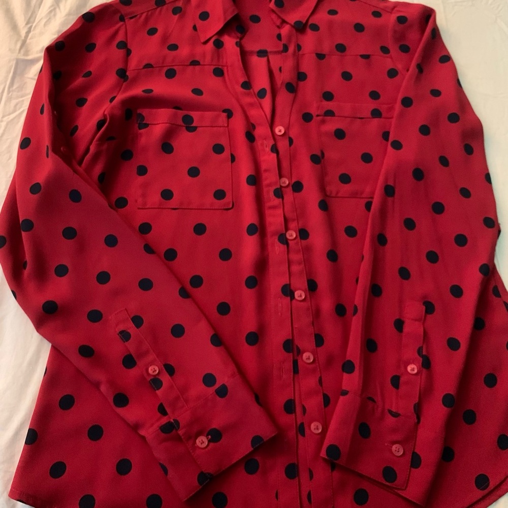 Red and black Polka dot polyester shirt.